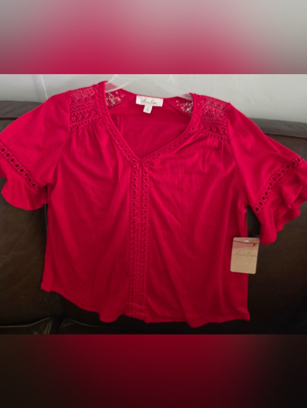 NWT Auneliege Eyelet V-Neck Blouse in Bright Red Sz S